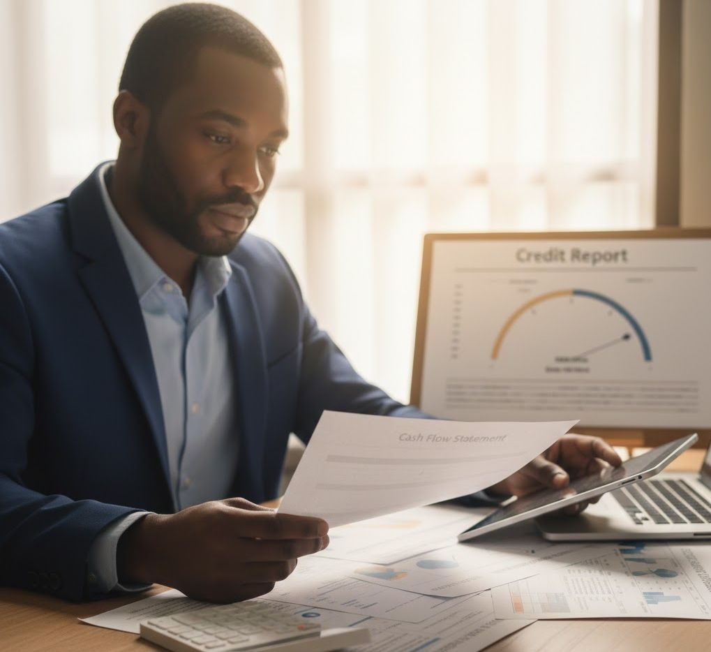 Business owner reviewing revenue documents for no credit check loan application
