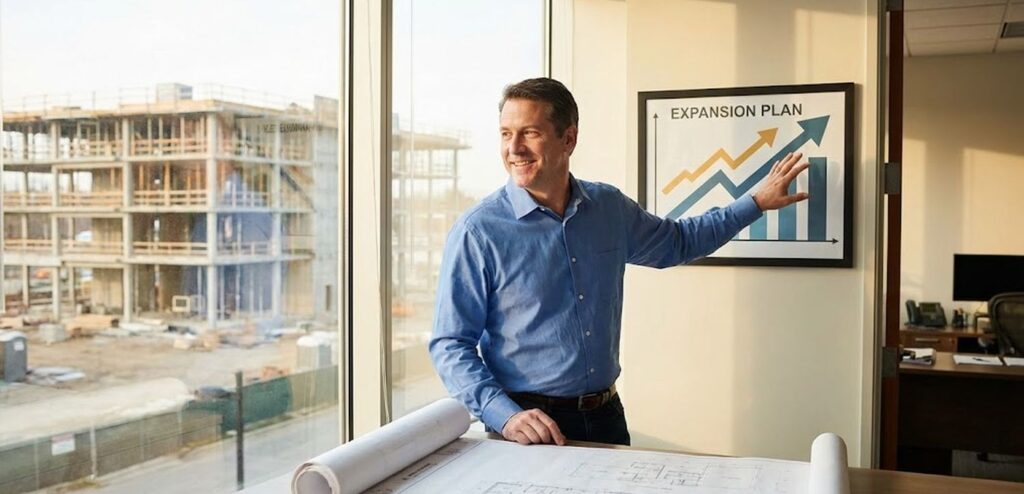 Business owner planning company expansion with growth charts