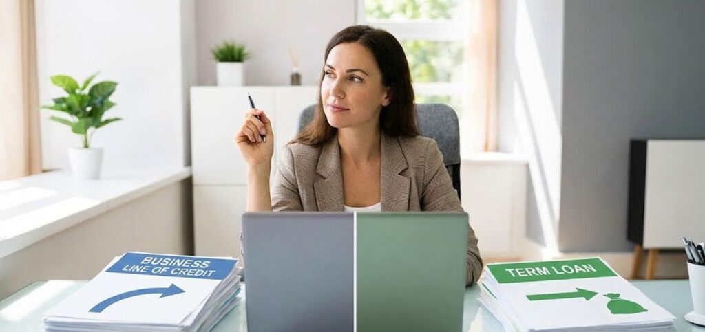 Business owner comparing line of credit and term loan options.