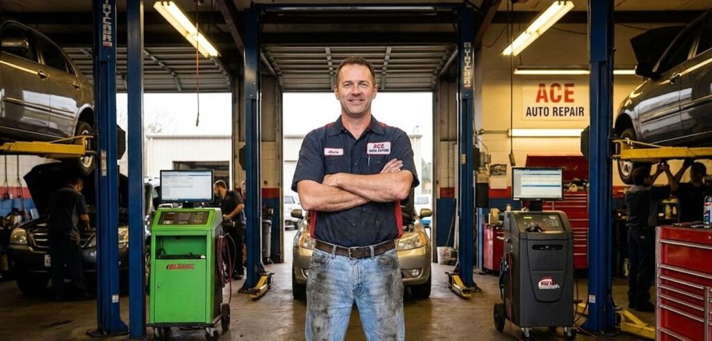 Auto repair shop owner in garage with lifts and equipment.