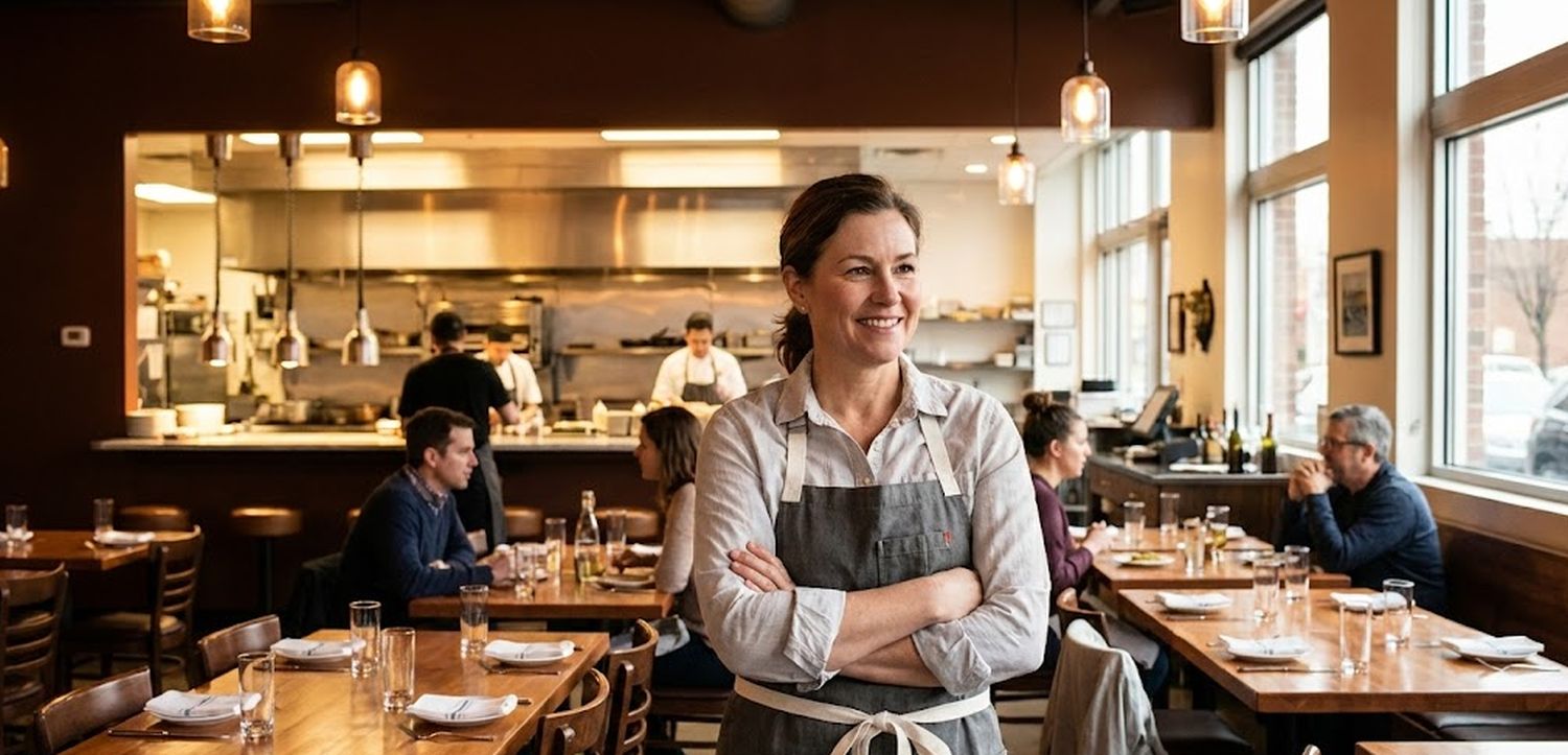 Restaurant owner in commercial kitchen seeking business funding.