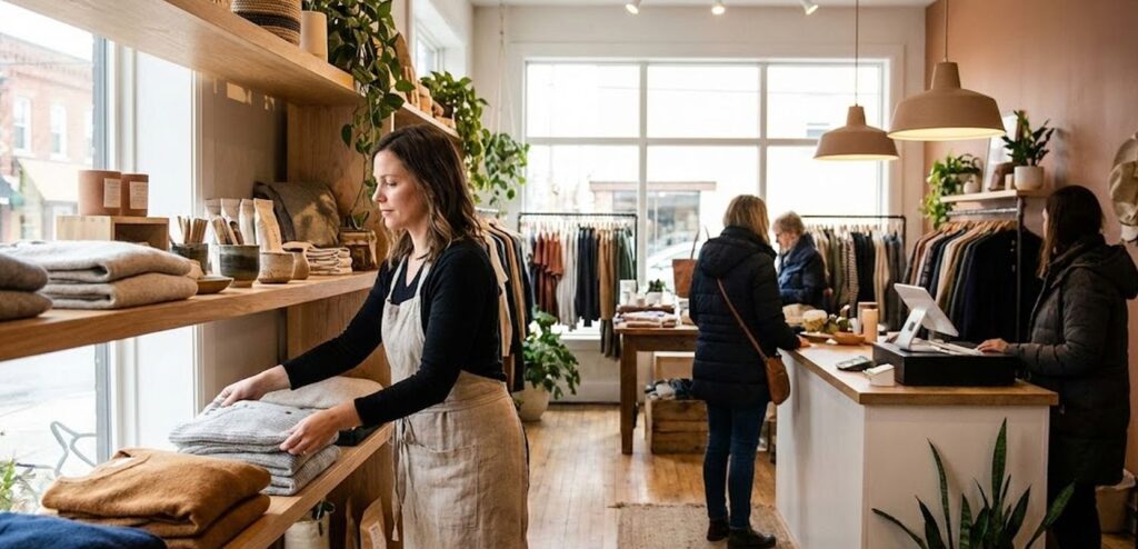 Retail store owner managing inventory in shop.