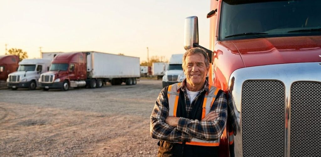 Trucking company owner with fleet of semi-trucks.