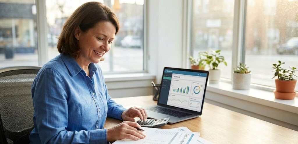 Small business owner reviewing working capital and cash flow documents.