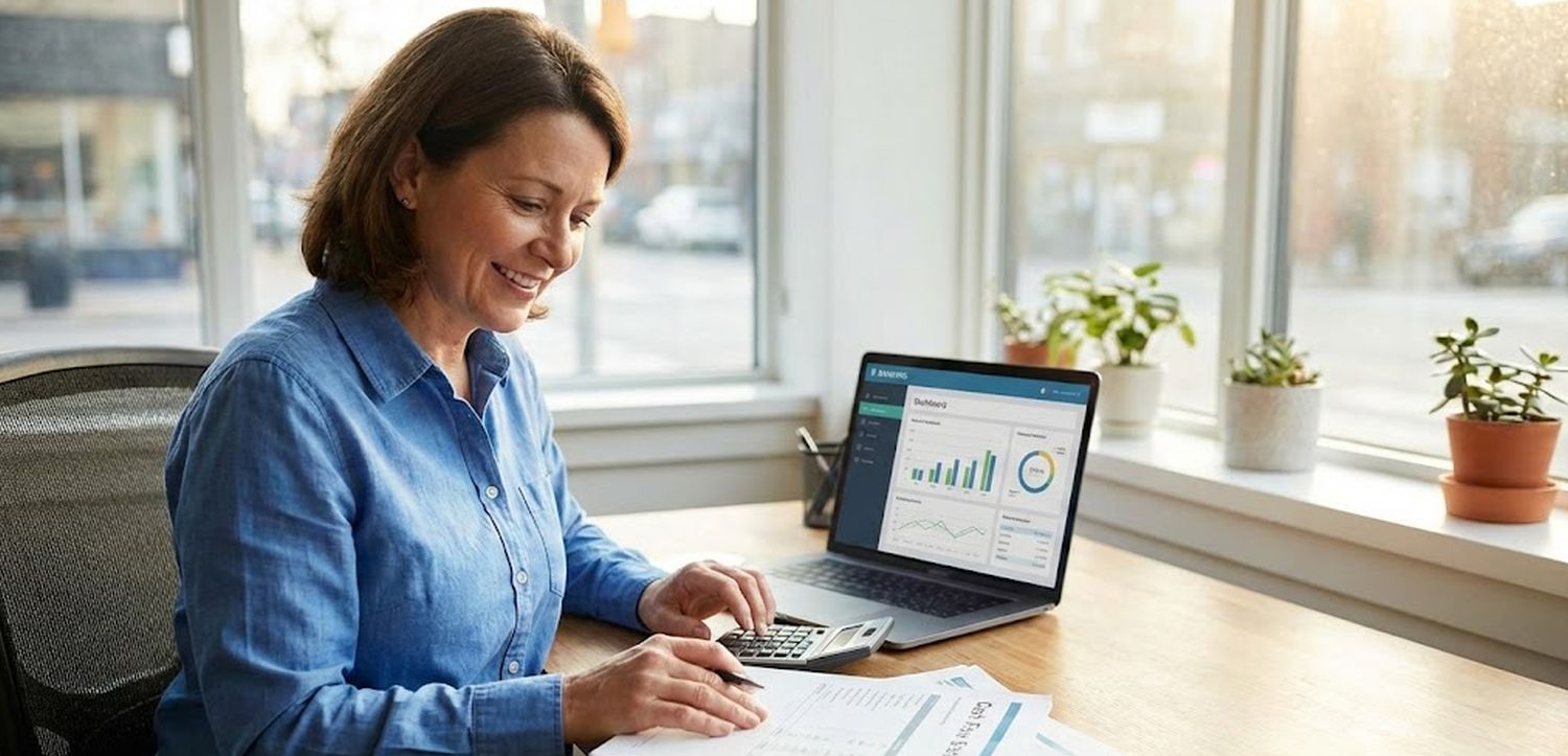 Small business owner reviewing working capital and cash flow documents.