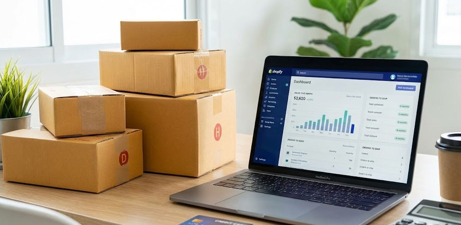 E-commerce seller reviewing online store sales with shipping boxes and funding materials on desk