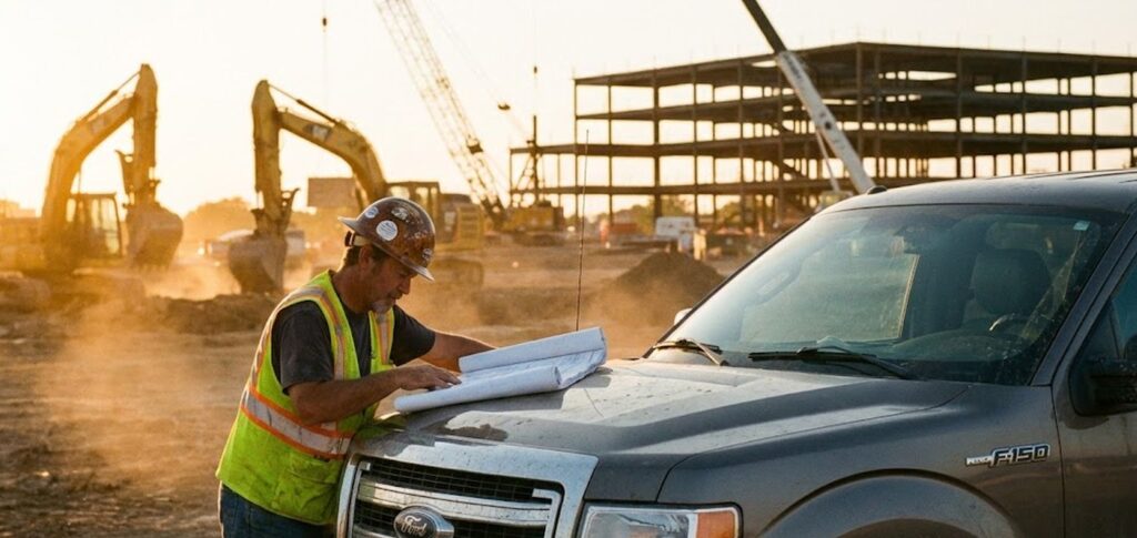 Construction contractor reviewing project plans at a job site