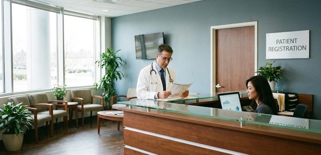 Healthcare professional reviewing business loan documents in a medical office
