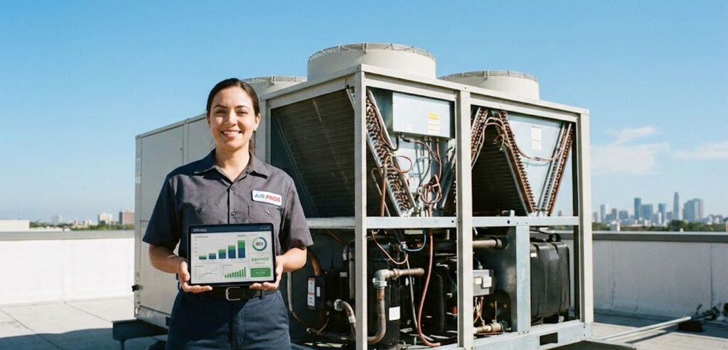 HVAC contractor reviewing business funding options next to commercial equipment