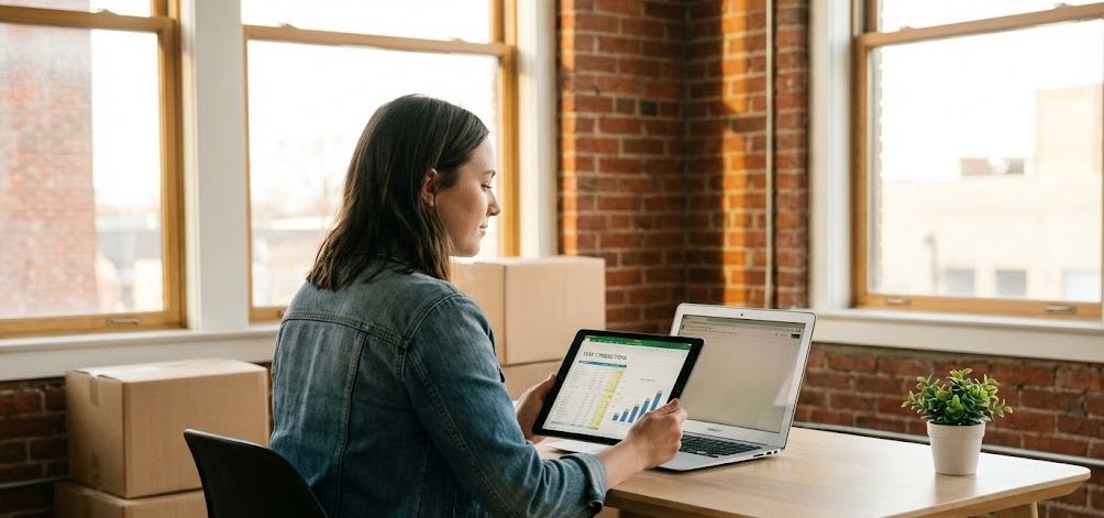 Startup business owner reviewing funding options in a new office space