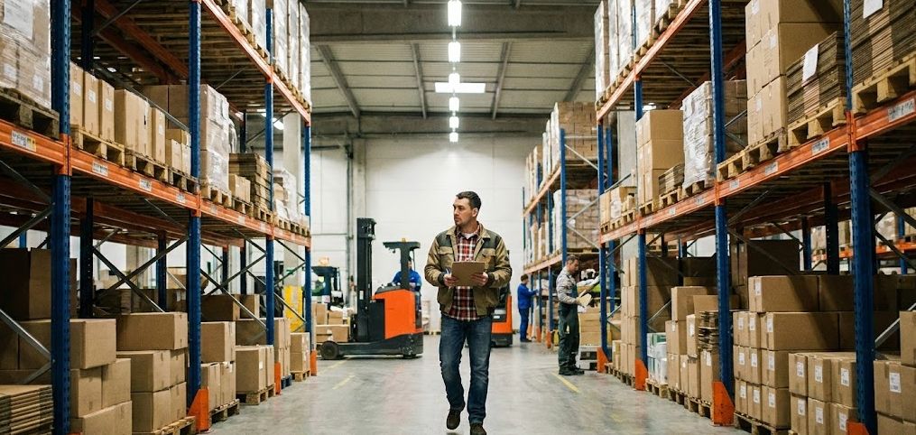 Wholesale distributor reviewing inventory in a warehouse facility