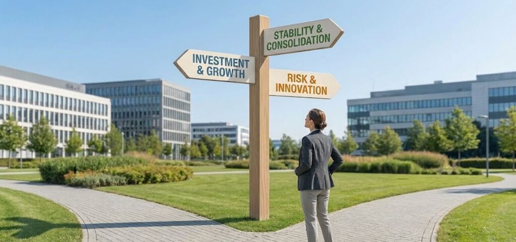 Business owner evaluating different business loan options at a decision point