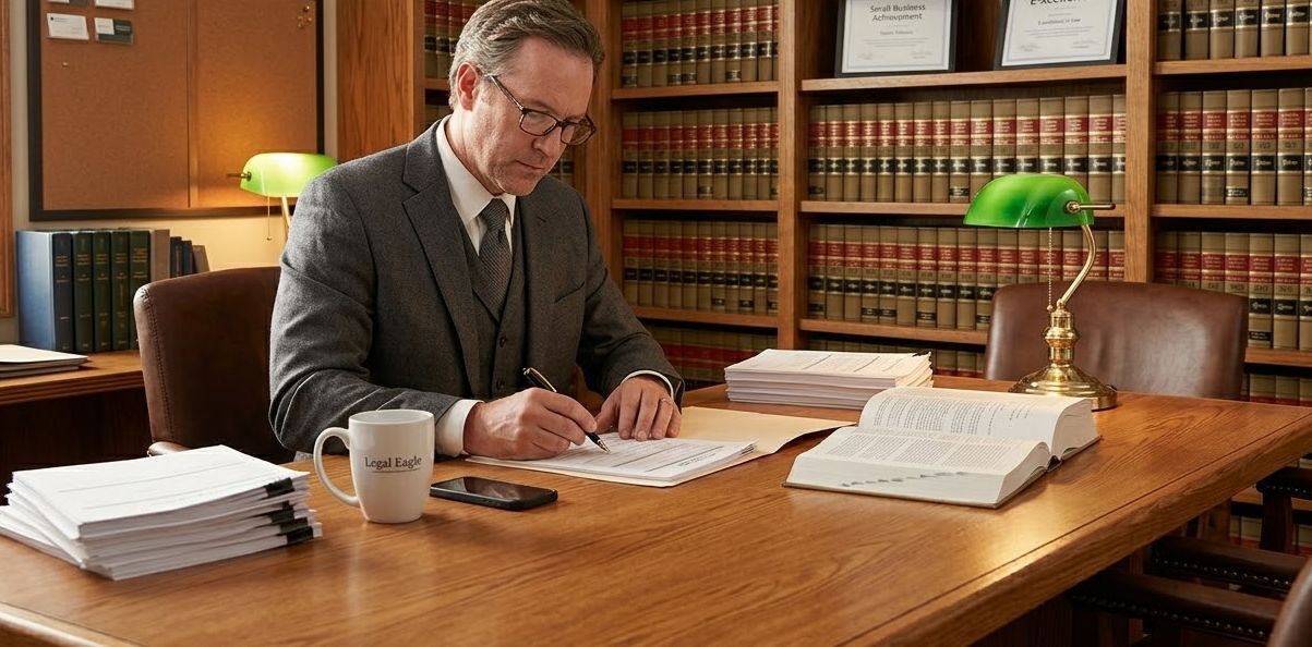 Attorney reviewing financial documents at his desk in a professional law office