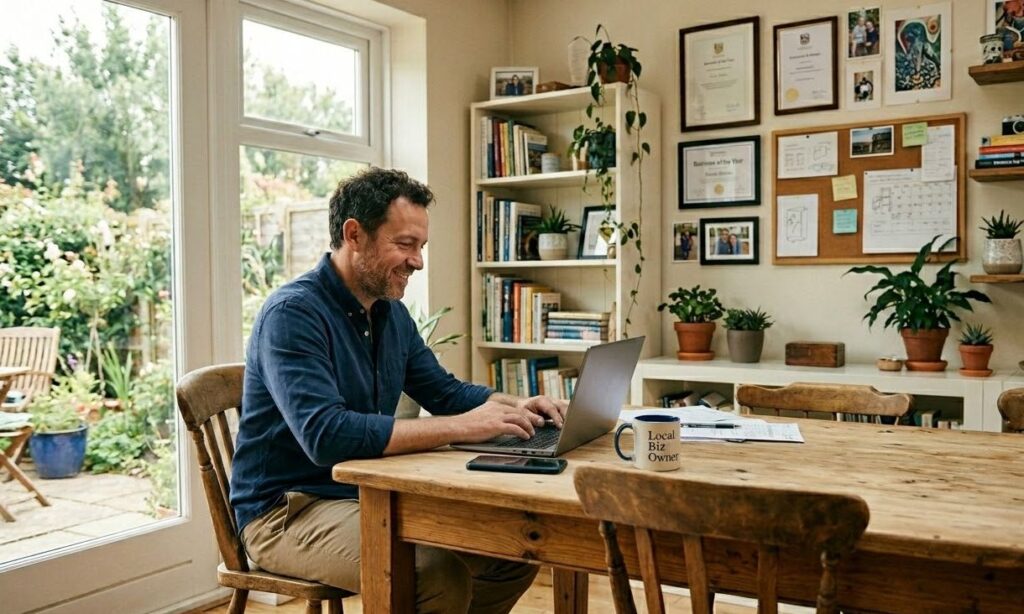 Business owner checking same day funding approval on his laptop at home office