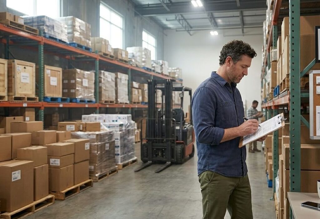 Business owner reviewing inventory in his warehouse to assess revenue and growth