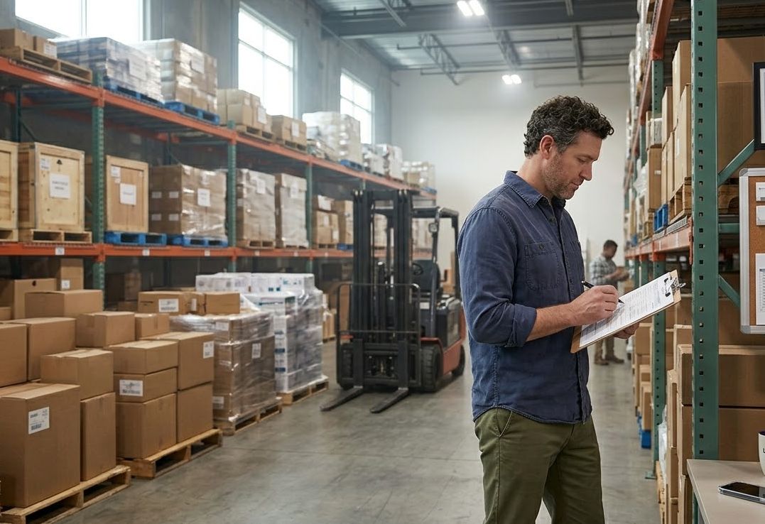 Business owner reviewing inventory in his warehouse to assess revenue and growth