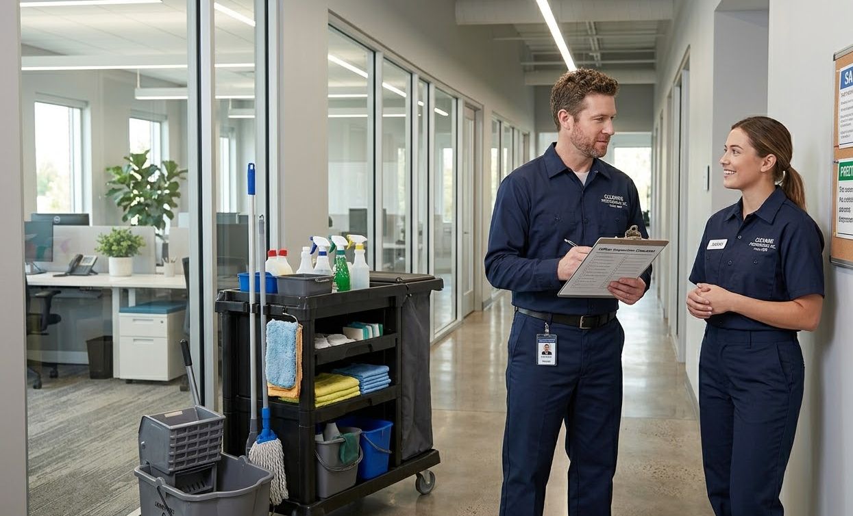 Cleaning business owner talking with a crew member in a commercial office building