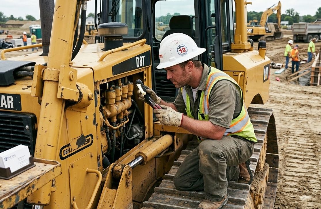 Contractor inspecting heavy equipment on a job site while considering equipment financing
