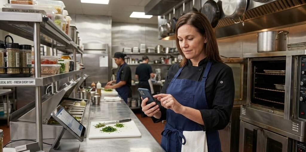 Food business owner checking her phone for funding approval in her commercial kitchen