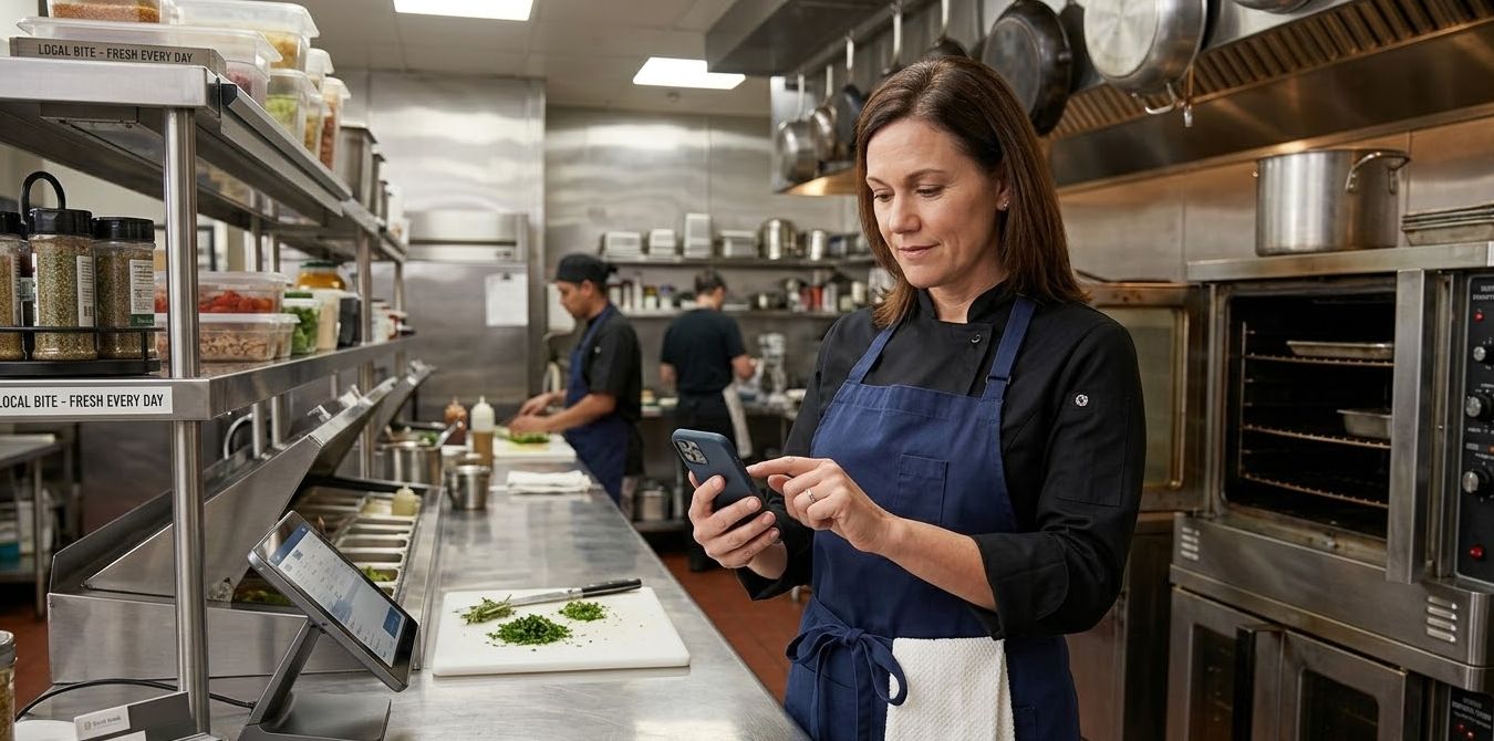 Food business owner checking her phone for funding approval in her commercial kitchen