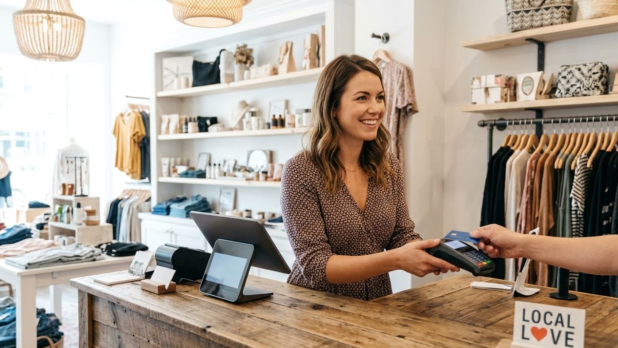 Retail shop owner processing a customer card payment at her store counter