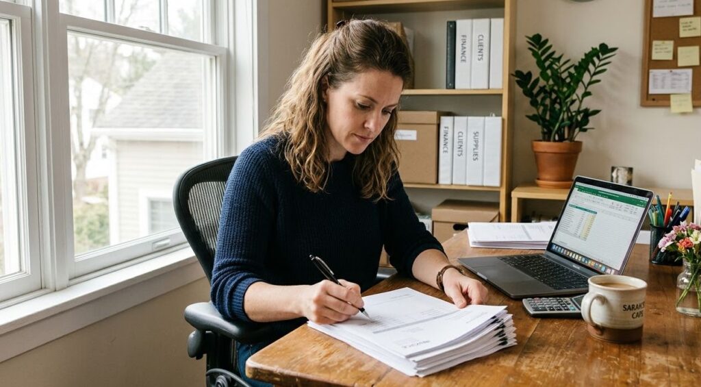 Small business owner reviewing invoices at her desk to manage cash flow