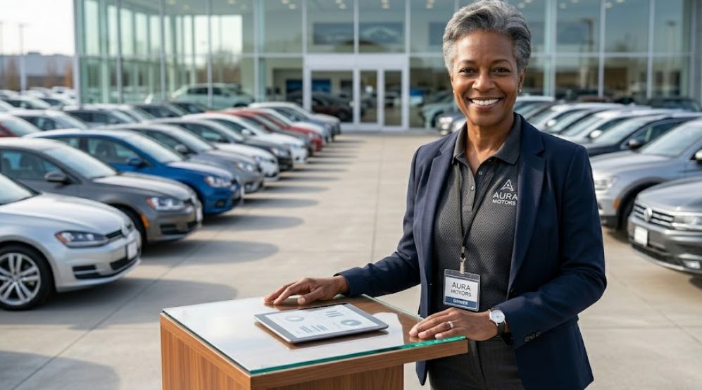 Dealership owner on sales lot with rows of vehicles, representing auto dealership business loans.