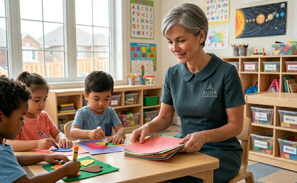 Teacher with young children in a daycare classroom, representing childcare business loans.