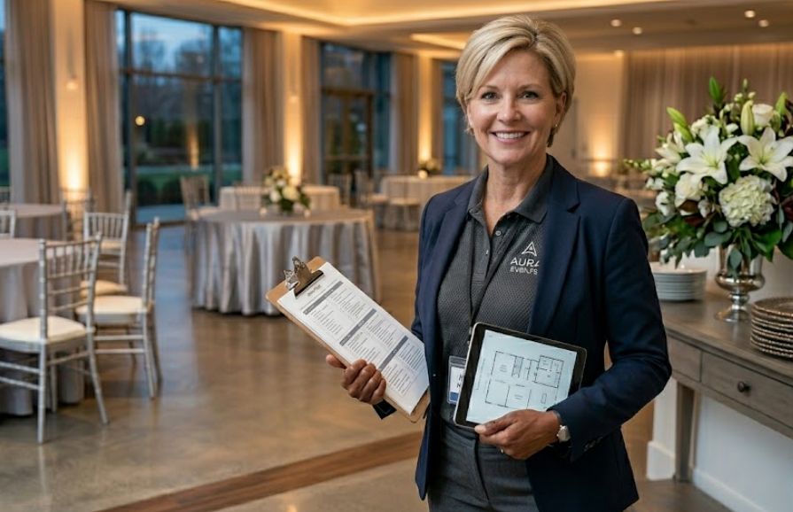 Event planner in venue during setup, representing event planning business loans.