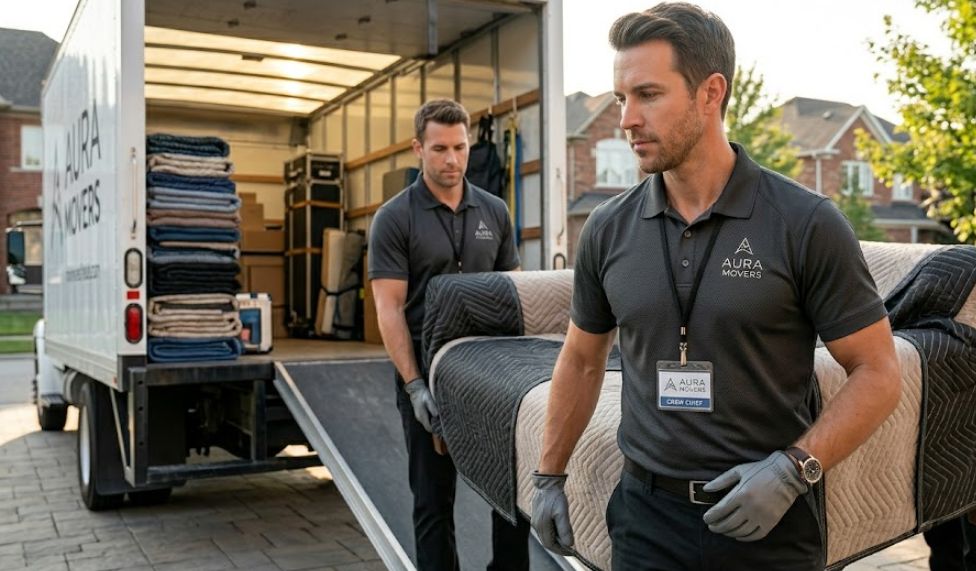 Movers unloading furniture from a moving truck, representing moving company business loans.