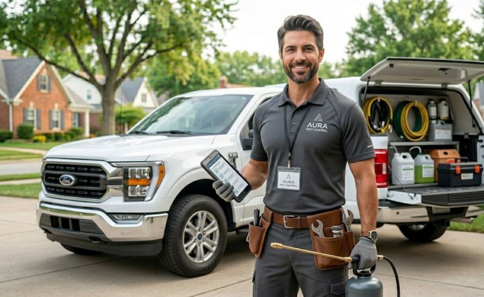 Pest control technician standing next to service truck, representing pest control business loans.
