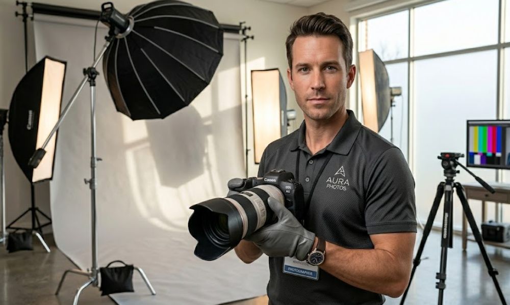 Photographer with camera in modern studio, representing photography business loans.