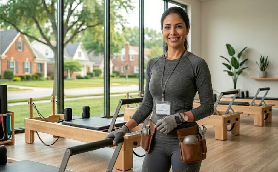 Pilates instructor next to reformer machine in a modern studio, representing Pilates studio business loans.