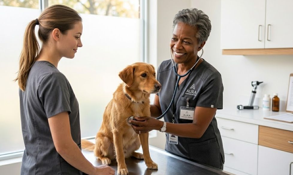 Veterinarian examining a dog in a modern clinic, representing veterinary practice business loans.