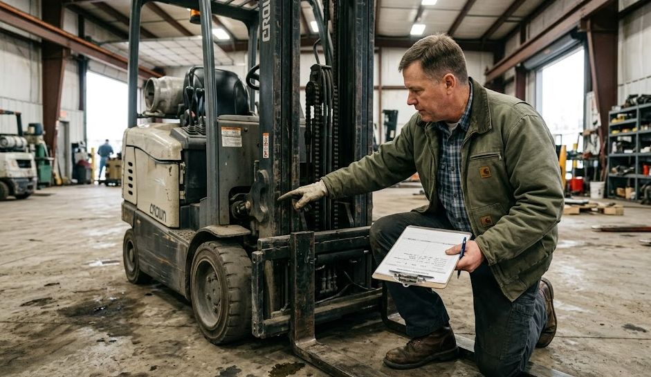 Business owner inspecting used commercial equipment before applying for used equipment financing.