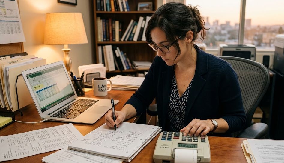 Business owner calculating daily ACH business loan payments using a calculator and bank statements at desk.