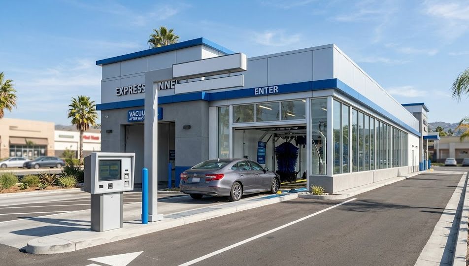 Modern express tunnel car wash exterior with entry kiosk, representing car wash startup costs and financing.