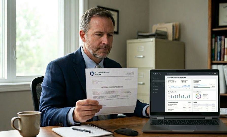 Business owner reviewing a bank notice about a frozen business line of credit while checking finances on a laptop.