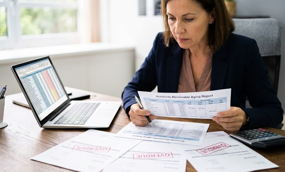 Business owner reviewing an accounts receivable aging report of past-due invoices at an office desk.
