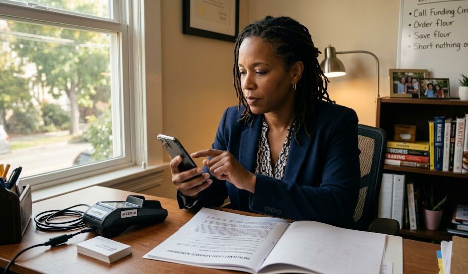 Business owner reviewing a merchant cash advance contract and a card payment terminal at an office desk.