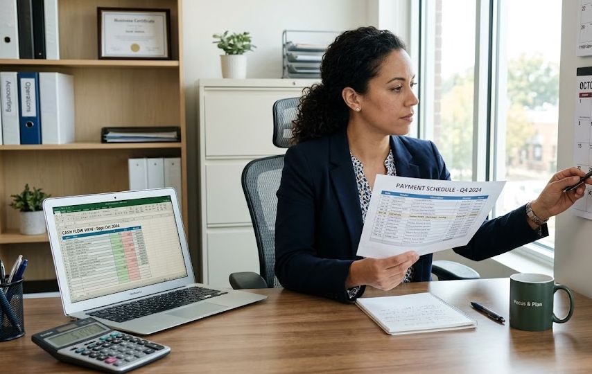 Business owner reviewing a loan repayment schedule and cash flow on a calendar and laptop at a desk.