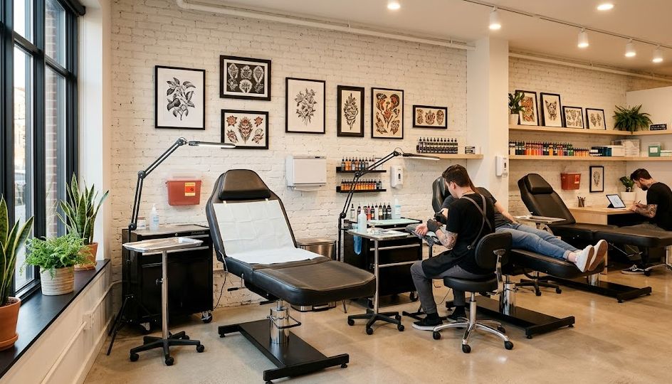 Interior of a clean modern tattoo shop with artist stations and equipment, representing tattoo shop startup costs.