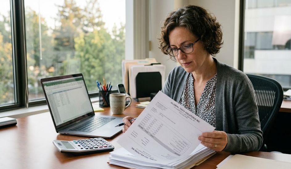 Business owner reviewing invoices from one major customer while evaluating invoice factoring options at a desk.