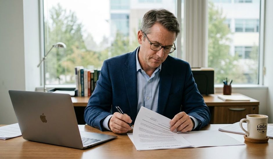Business owner reading the personal guarantee section of a merchant cash advance agreement at a desk.