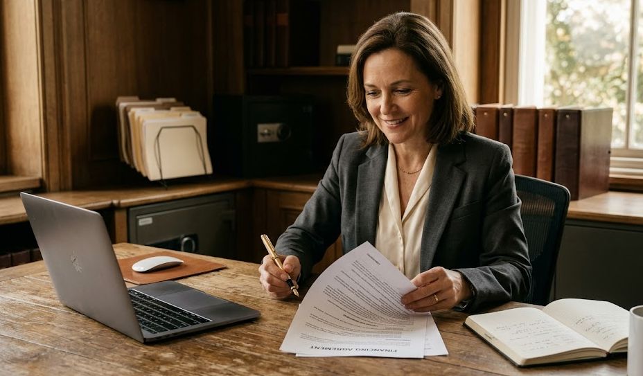 Business owner reviewing a factoring agreement privately at a desk, weighing confidential non-notification factoring.