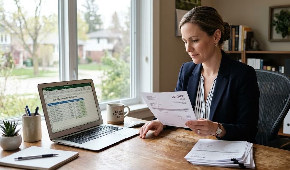 Business owner selecting a single invoice to factor while reviewing accounts receivable at an office desk.