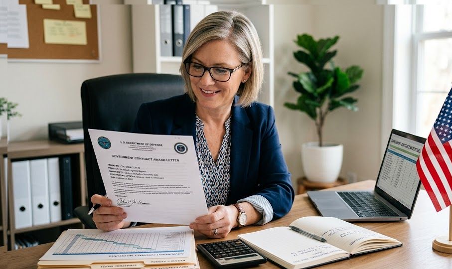 Business owner reviewing a government contract award while exploring government contractor financing options.