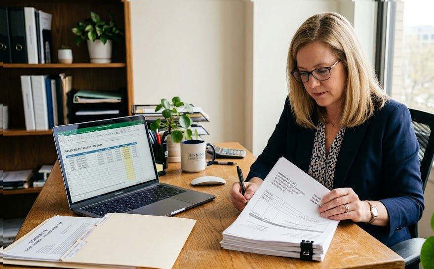 Business owner reviewing government invoices and contract documents while arranging government invoice factoring.