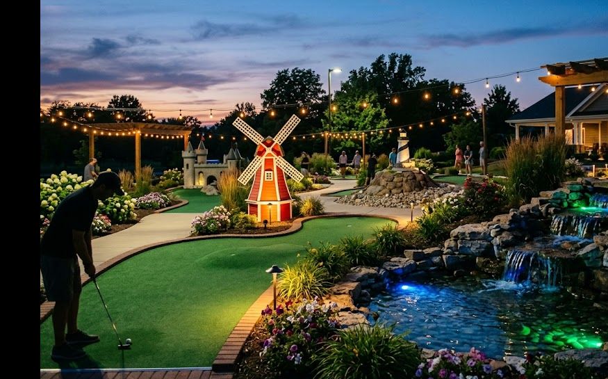 Outdoor mini golf course with themed obstacles and greens, representing the cost to build a mini golf course.