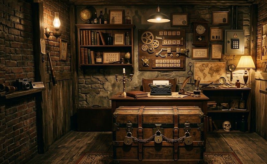 Themed escape room interior with props and puzzle elements, representing escape room startup costs.